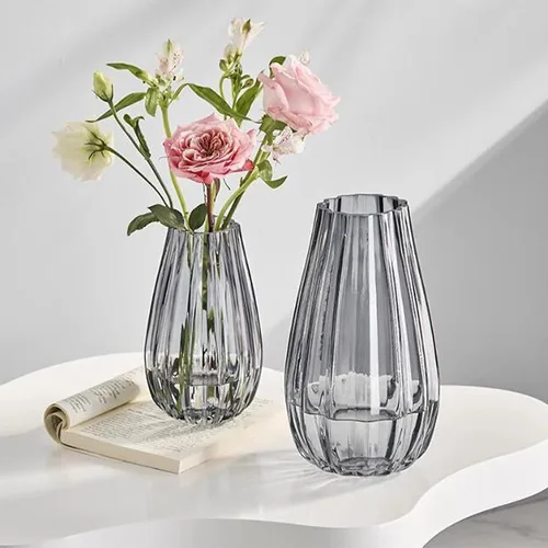 Vista 4 de Floreros de cristal transparente de 8 pulgadas, jarrón acanalado, para centro de mesa, decoración de escritorio interior, moderno estilo bohemio