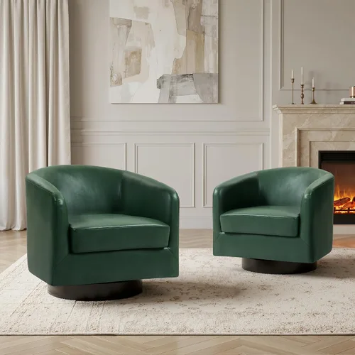 Vista 35 de Silla Giratoria de Acento de Cuero Sintético con Base de Madera, Sillas de Barril Tapizadas Modernas para Sala de Estar, Cómodo Sillón Redondo Sofá