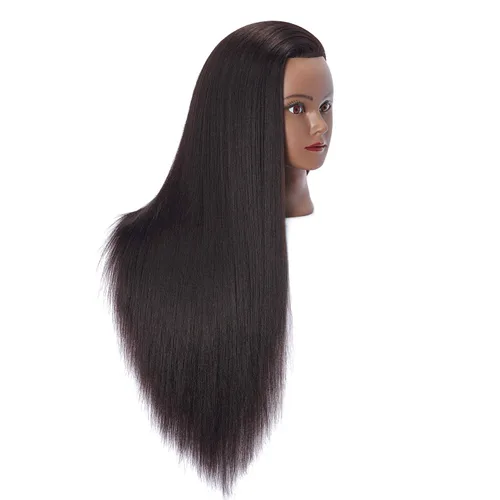 Vista 2 de 26-28" Cabeza de maniquí con cabello de fibra sintética Yaki para estilizar, cabeza de muñeca para entrenamiento de cosmetología, cabeza de maniquí
