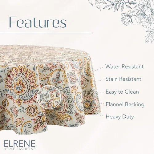 Vista 4 de Elrene Home Fashions Ava - Mantel de vinilo jacobeo floral resistente al agua y a las manchas con reverso de franela, 70 x 70 pulgadas, redondo