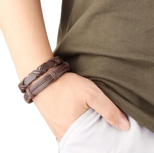 Vista 7 de Brazalete Jstyle de piel trenzada, ajustable, con cuentas de madera, envolvente, 17 unidades para hombre y mujer
