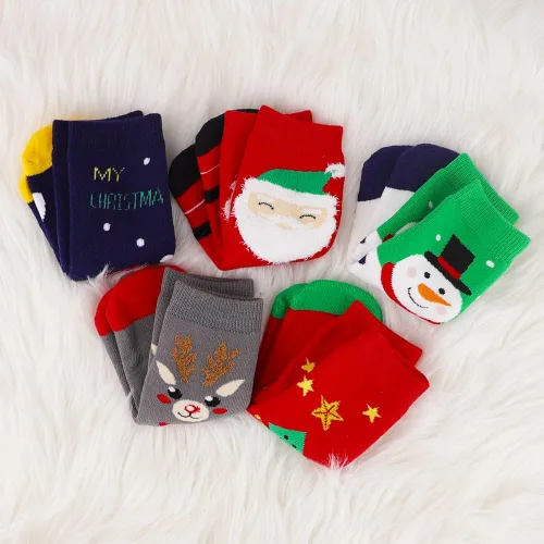 Vista 5 de UOIXPUHUO 5 pares de calcetines de Navidad calcetines de algodón cálidos de invierno para niños pequeños Rojo