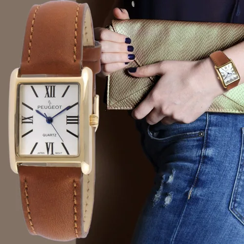 Vista 3 de Peugeot reloj de mujer enchapado en oro 14K, correa de cuero