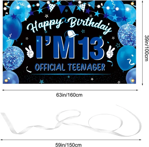 Vista 3 de 13th Happy Birthday Backdrop Birthday Banner Decorations for Boys Girls, Blue Toned Polyester Material 13th Birthday Party Wall Backdrop Photo Booth