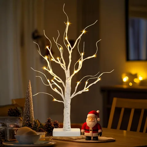 Vista 4 de PABIPABI Árbol de Abedul Iluminado, Árbol de Navidad de 22'' con 24 LED, Centro de Mesa Árbol Artificial con Luces Alimentado por Batería