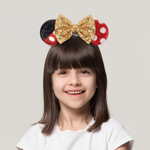 Vista 4 de JIAHANG Diadema de orejas de ratón con lazo de lentejuelas doradas, decoración de fiesta, disfraces, accesorios para el cabello para mujeres y niñas