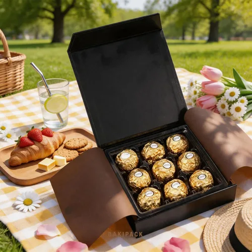 Vista 2 de 6 cajas de trufas negras, caja de chocolates, cajas de regalo magnéticas de trufa Cajas de trufas con bandeja de plástico de 9 piezas, cajas