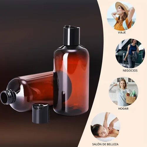 Vista 7 de Zubebe 36 piezas de botellas de viaje de plástico con tapa de disco abatible vacía, contenedores de viaje flexibles recargables para champú Marrón