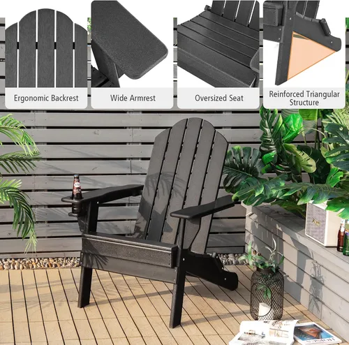 Vista 6 de Giantex Adirondack - Silla plegable para exteriores, silla de patio resistente a la intemperie de HDPE con soporte integrado para tazas, silla