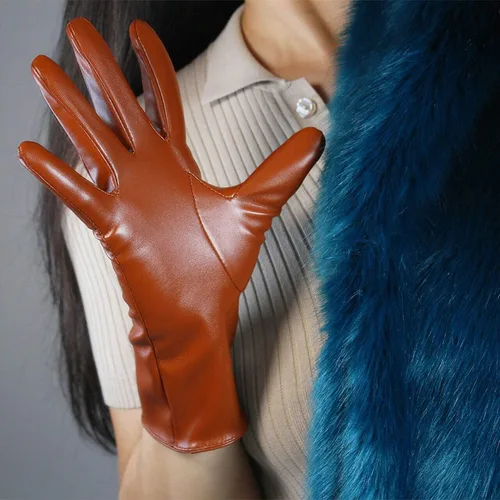 Vista 5 de DooWay Guantes de cuero para mujer, color marrón, piel sintética de cordero, para Halloween, vestido de noche, fiesta, guantes de dedo