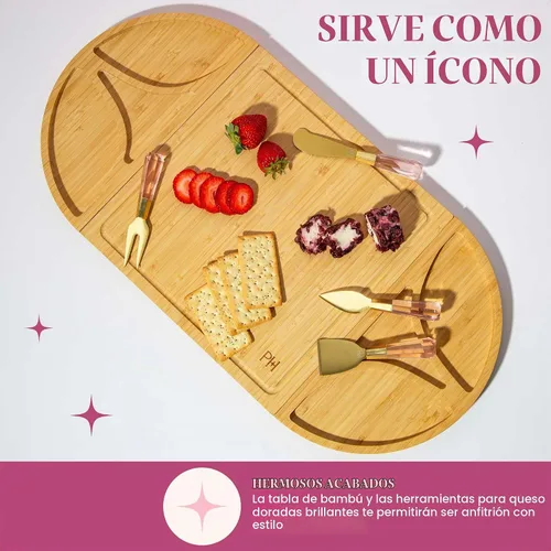 Vista 5 de Juego de tabla para embutidos y bandeja de servir Paris Hilton, tabla de bambú magnética y personalizable con utensilios para queso, set de 7