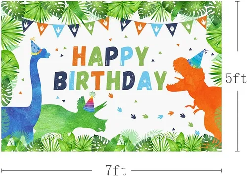 Vista 3 de AIBIIN Fondo de cumpleaños de dinosaurios de 7 x 5 pies para niños y niñas, dinosaurios, plantas del bosque, banderas, fondo de fotografía
