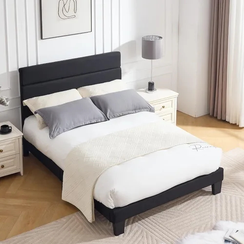 Vista 13 de Armazón de Cama de Plataforma Tamaño Full, Armazón de Cama con Cabecera de Tela Suave con Listones de Madera Resistentes – Moderno y Sin Ruido, Base