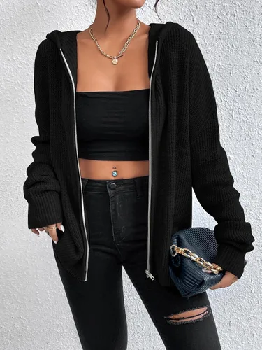 Vista 5 de SHENHE Cárdigan con capucha y cremallera para mujer, con hombros caídos, casual, suéter