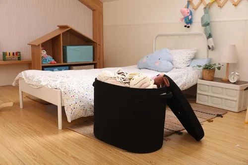 Vista 8 de Cesta rectangular extragrande de cuerda de 22 x 14 x 18 pulgadas con tapa, cesta decorativa de almacenamiento de mantas, baúl de algodón con funda
