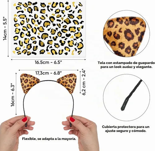 Vista 2 de Funcredible Diadema con orejas de guepardo y tatuajes metálicos para la cara, juego de accesorios para disfraz de leopardo y Halloween para adultos