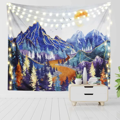 Vista 9 de RosieLily Tapiz de montaña, 51 x 59 pulgadas, acuarela natural, bosque brumoso y paisaje de puesta de sol para dormitorio