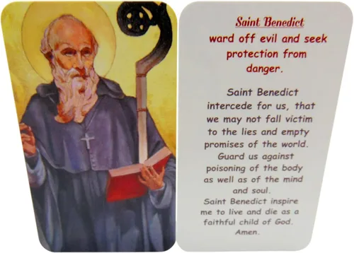 Vista 2 de St Benedict Holy Card - Juego de 10 tarjetas patronales, protección contra el mal Incluye texto de oración, regalo católico, ideal para compartir