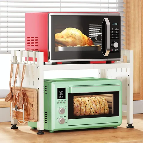 Vista 11 de Kitstorack Estante ajustable para horno de microondas, estante para microondas resistente de 2 niveles con tablas de cortar, soporte para estantes