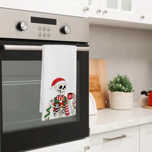 Vista 4 de Divertidas toallas de cocina de esqueleto navideño, toallas de mano góticas de Navidad para decoración de baño, rústico, retro, espeluznante