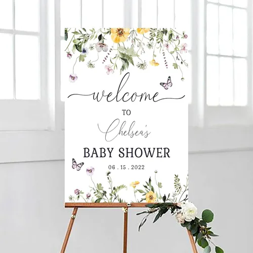 Vista 6 de Letrero de bienvenida personalizado de flores silvestres para baby shower, letrero floral bohemio para baby shower, letrero con nombre personalizado