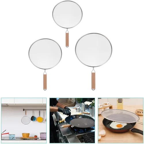Vista 8 de 3Pcs Stainless Steel Splatter Guard with Wood Handle, Oil Anti-Splash Cover