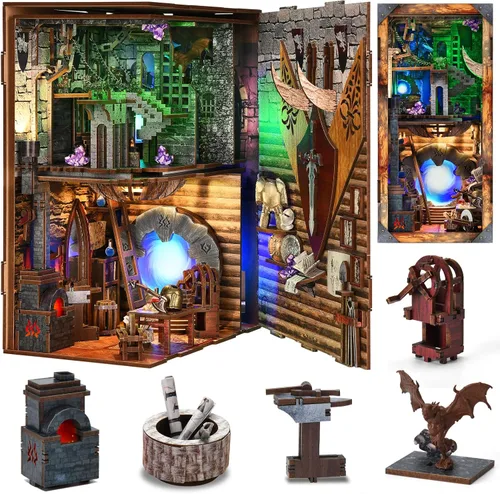 Vista 30 de MiniCity Kit de rincón de libros de bricolaje, escena de madera en miniatura 3D con luces LED, cubierta de polvo y herramientas para decoración