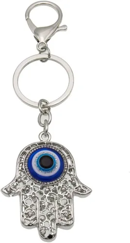 Vista 5 de QTKJ Llavero de mano Hamsa de ojo azul con dije de cristal para bolso de mano, bolso de mano, decoración de vacaciones, adorno (plata), Dorado