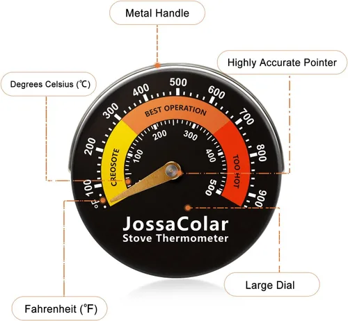Vista 2 de JossaColar Termómetro de estufa de leña Termómetro magnético para estufa, chimenea y medidor de temperatura de combustión
