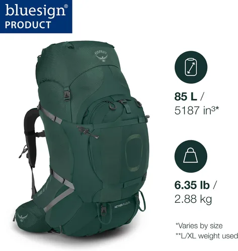 Vista 2 de Osprey Aether Plus 85L Mochila de mochilero para hombre, Axo Green, S/M