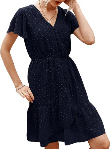 Vista 2 de Vestido de mujer con cuello en V y volantes, manga corta, bohemio, floral, gasa, casual, con vuelo, vestido midi de verano