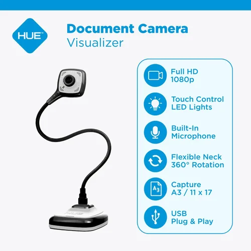 Vista 2 de HUE Cámara de documentos HD Pro flexible USB 11x17 y visualizador de aula para profesores: micrófono/luces integradas, Windows, macOS