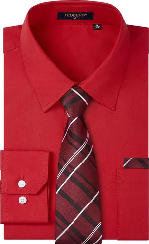 Vista 88 de HISDERN Mens Dress Shirt with Tie Pocket Square Set Classic Button Down Shirt Matching Tie Long Sleeve Shirts 08-verde