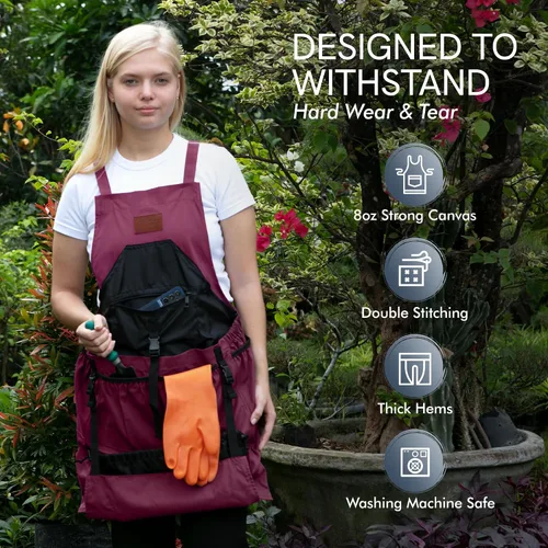 Vista 5 de Delantal de jardinería con bolsillos para mujeres y hombres, delantal de jardín con 7 bolsillos y bolsa interna con cordón, gran regalo