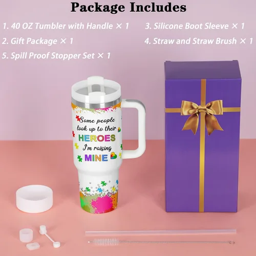 Vista 4 de Regalos para mamá, vaso de concientización sobre el autismo, vaso de 40 onzas con asa para mamá autista