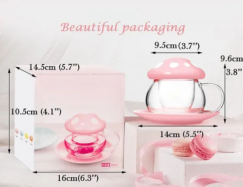 Vista 6 de Juego de Tazas de Té de Hongos, Lindas Tazas de Té de Vidrio y Platillos, Taza de Té Kawaii con Infusor para Colador de Té de Hojas Sueltas, Taza