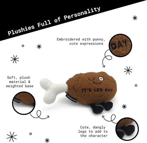 Vista 3 de Punchkins Peluche de pata de pollo, divertido peluche con texto en inglés "It's Leg Day", regalo para los amantes del humor, bonito juguete