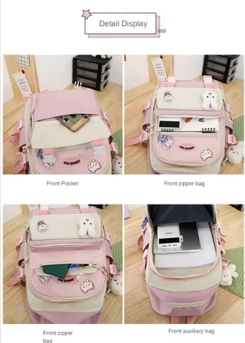 Vista 4 de DAHUOJI Juego de 5 mochilas estéticas Kawaii para niñas escolares con colgantes y alfileres, estuche para bolígrafos, bolsa de mano, bolsa pequeña