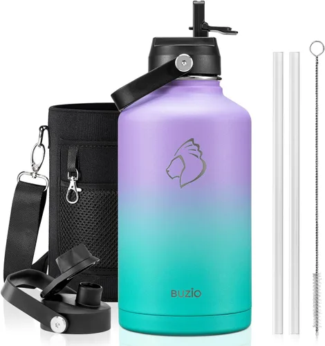 Vista 122 de BUZIO Botella de agua aislada de 24 oz, frasco de agua de boca ancha de acero inoxidable con tapa de pajita, frío durante 48 horas a prueba de Negro