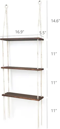 Vista 3 de Mkono Estante colgante de pared de macramé, estantes flotantes de madera de 3 niveles con bonita cuerda tejida, decoración bohemia para habitación
