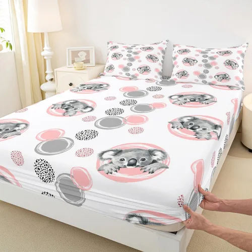 Vista 5 de Erosebridal Juego de sábanas lindas de koala para niños, sábana bajera ajustable kawaii koalas tamaño individual con puntos grises y rosados, funda
