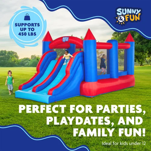 Vista 5 de Sunny & Fun Castillo hinchable inflable con doble tobogán – Resistente para la diversión al aire libre – Pared de escalada, toboganes, casa