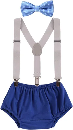 Vista 18 de Conjunto de ropa para festejar el primer cumpleaños de bebés, calzón pañalero con tirantes y corbata de moño. Beige & Blue