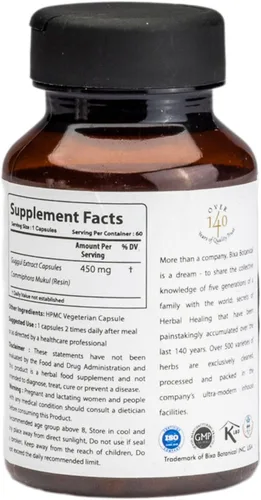 Vista 8 de bixa BOTANICAL, Extracto de Guggul 450mg, Cápsulas Commiphora Mukul, Vegano