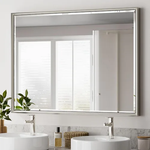 Vista 9 de Espejo de baño negro, espejo de baño biselado de 16 x 24 pulgadas para pared, espejo con marco negro antioxidante para decoración de baño, sala