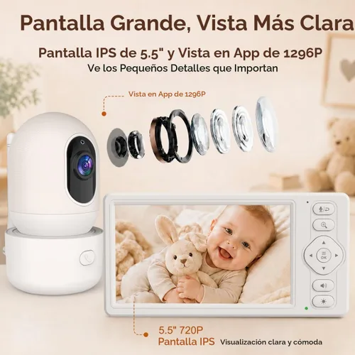 Vista 11 de Blemil Monitor de bebé WiFi inteligente de 5.5 pulgadas con cámara y audio