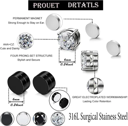 Vista 2 de YCL&TXL 6 pares de aretes de acero inoxidable hipoalergénicos para hombre, aretes falsos redondos cuadrados de circonita cúbica magnética