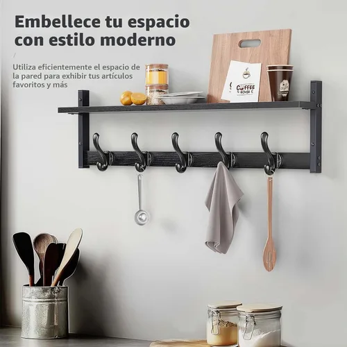 Vista 8 de Tatub Perchero rústico de 29 pulgadas con estante, ganchos de pared de entrada con estante, perchas para baño, sala de estar, dormitorio, negro