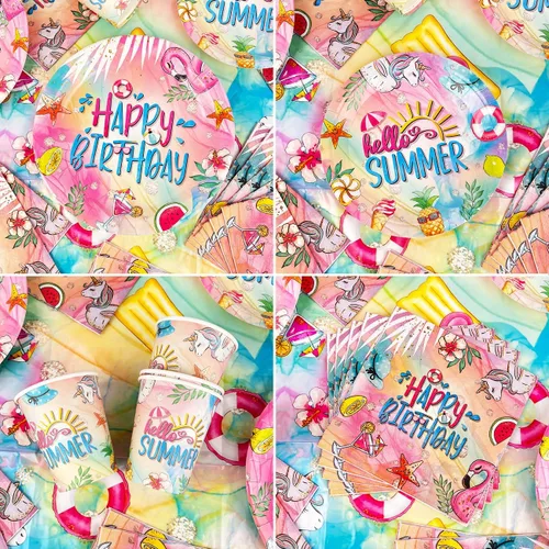 Vista 4 de Juego de vajilla de verano para piscina, decoraciones de cumpleaños
