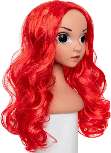 Vista 5 de Funna Peluca de sirena para disfraz de princesa con horquilla de estrella de mar para Halloween, cosplay, color rojo